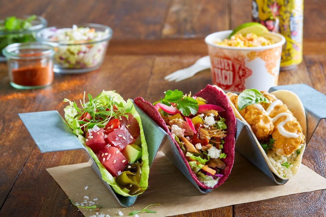 taco lined up on table 