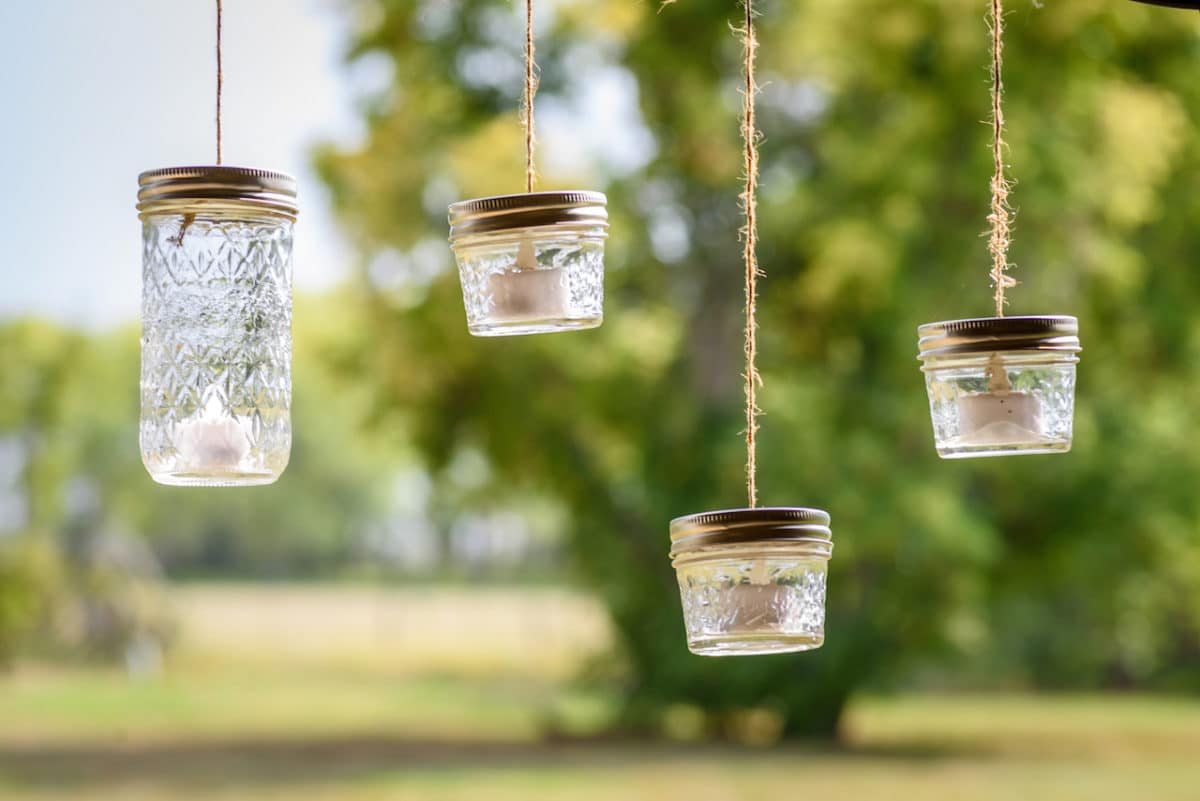 Rustic mason jar tea lights on twine