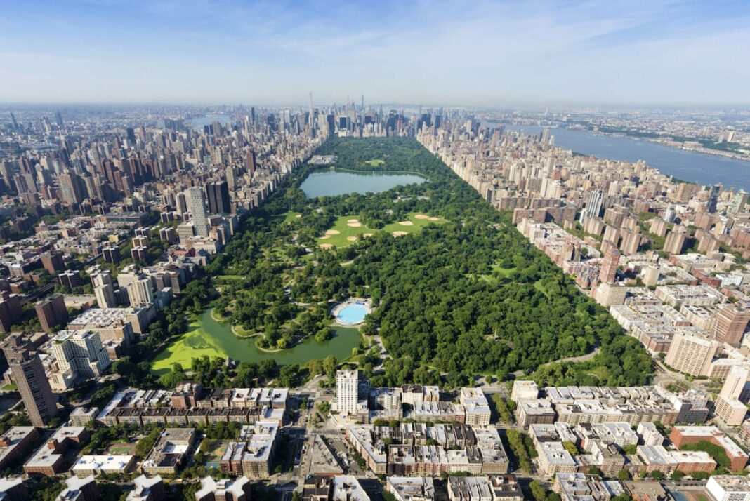 aerial shot of new york city with central park in the middle