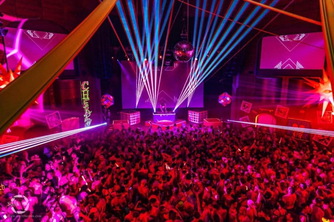 people at concert with pink and blue lights