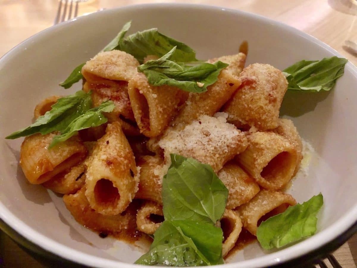 Close up of pasta with red sauce and basil