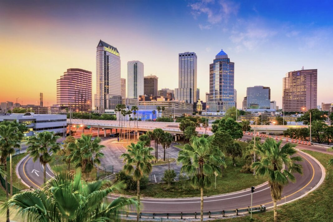 Tampa florida skyline with trees and highway in front
