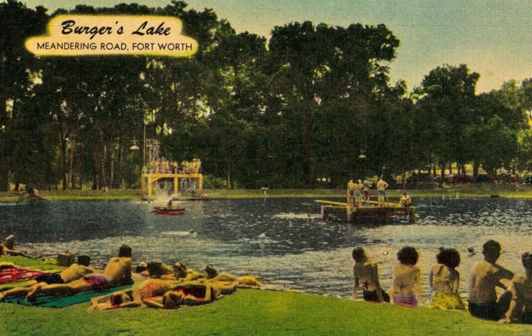 old postcard depicting burger's lake with people swimming and sitting on beach