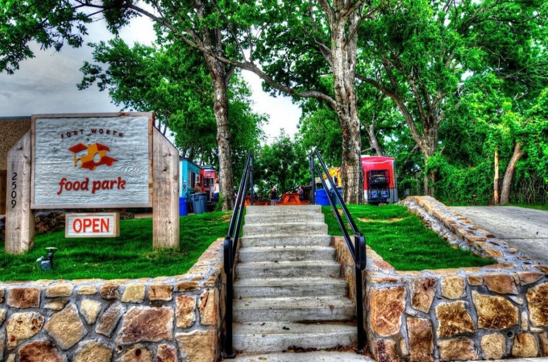 Staircase leading up to food truck park