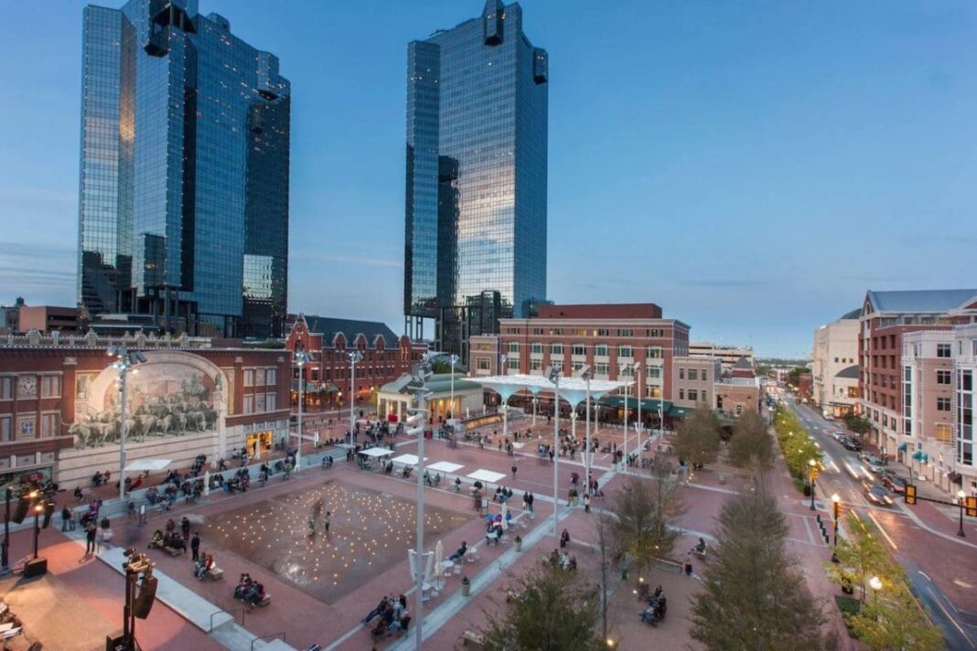 aerial shot of sundance square and surrounding buildings