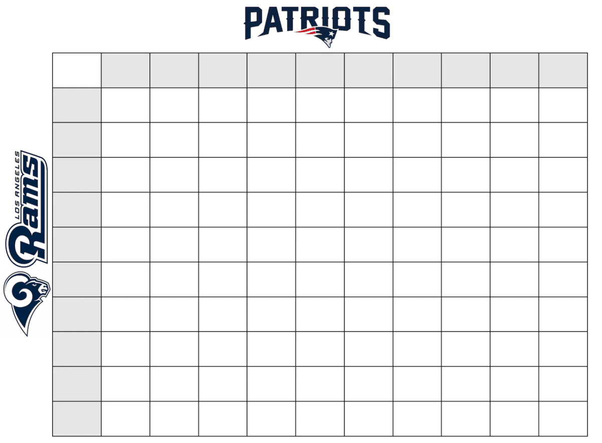 blank grid for football pool with patriots and rams on top and left side