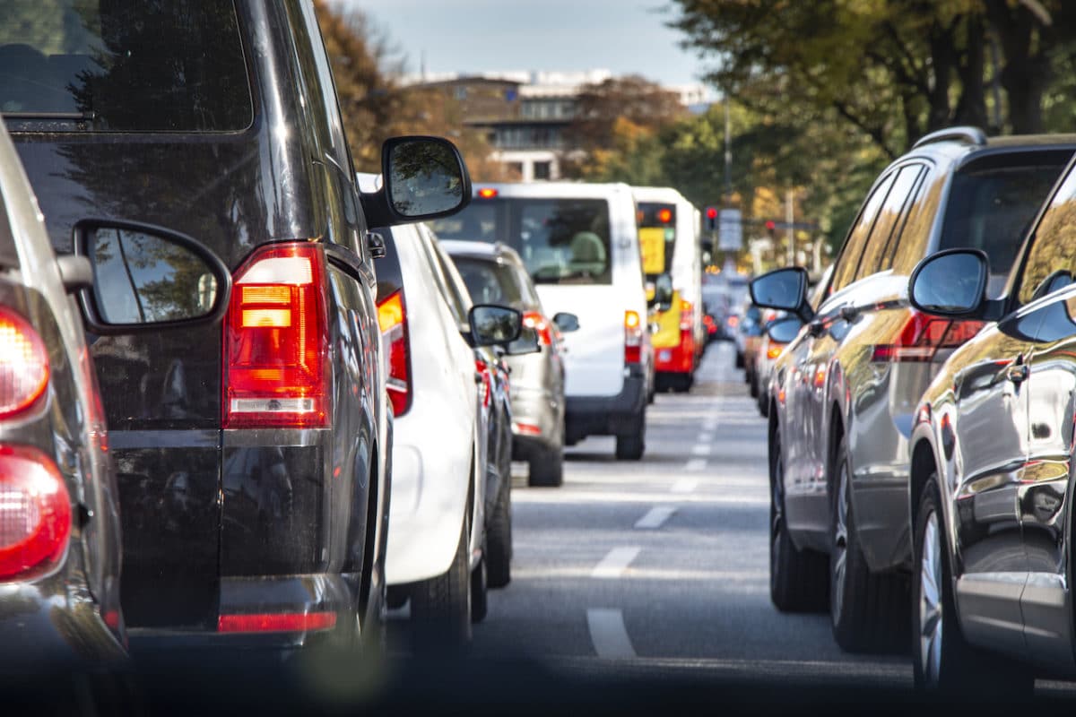 Traffic lined up on city street