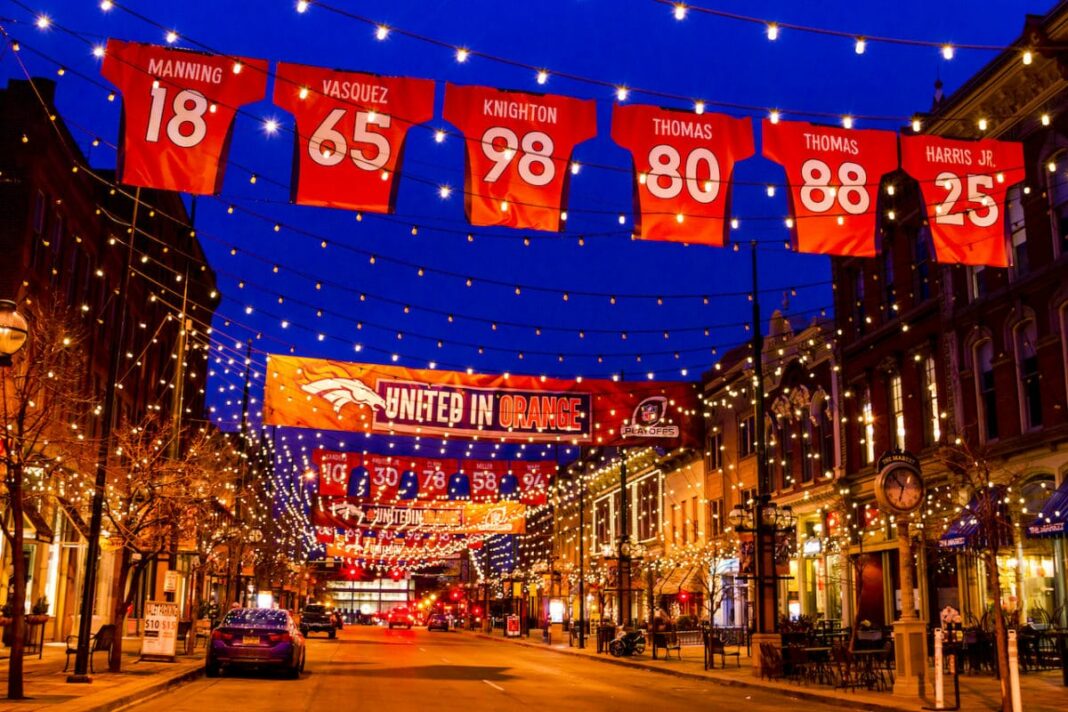 Denver Larimer Square with broncos jerseys hanging from light strings