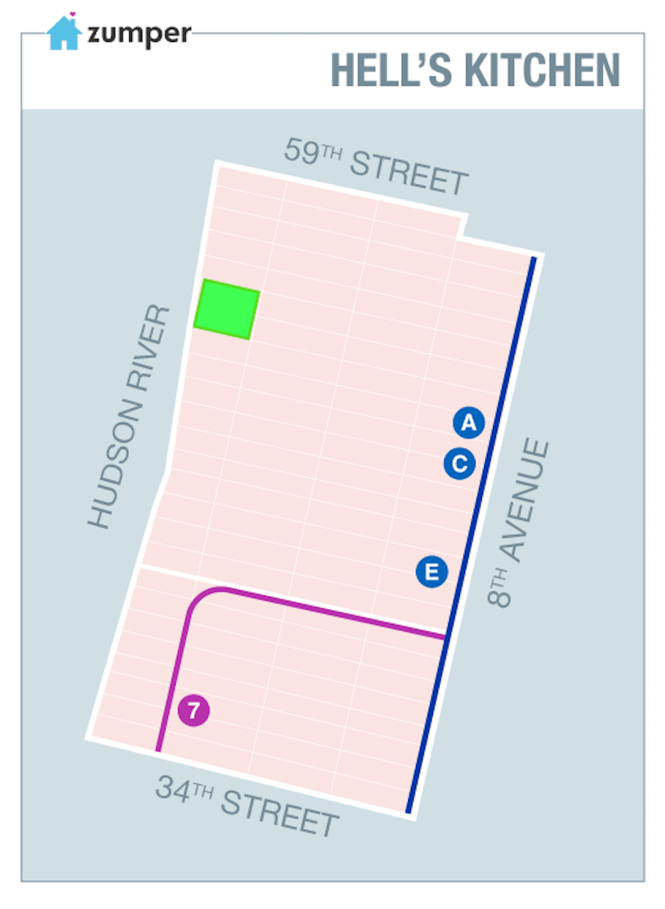 pink and blue map showing hell's kitchen boundaries and borders