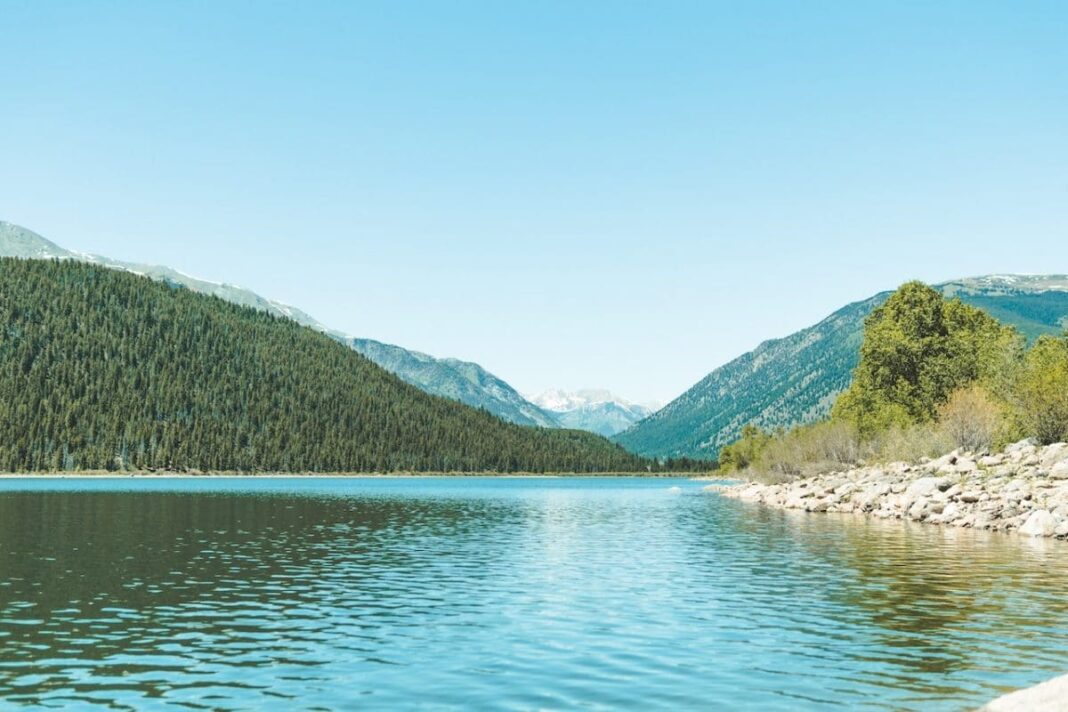 view of lake and tree-lined mountains on sunny day in denver
