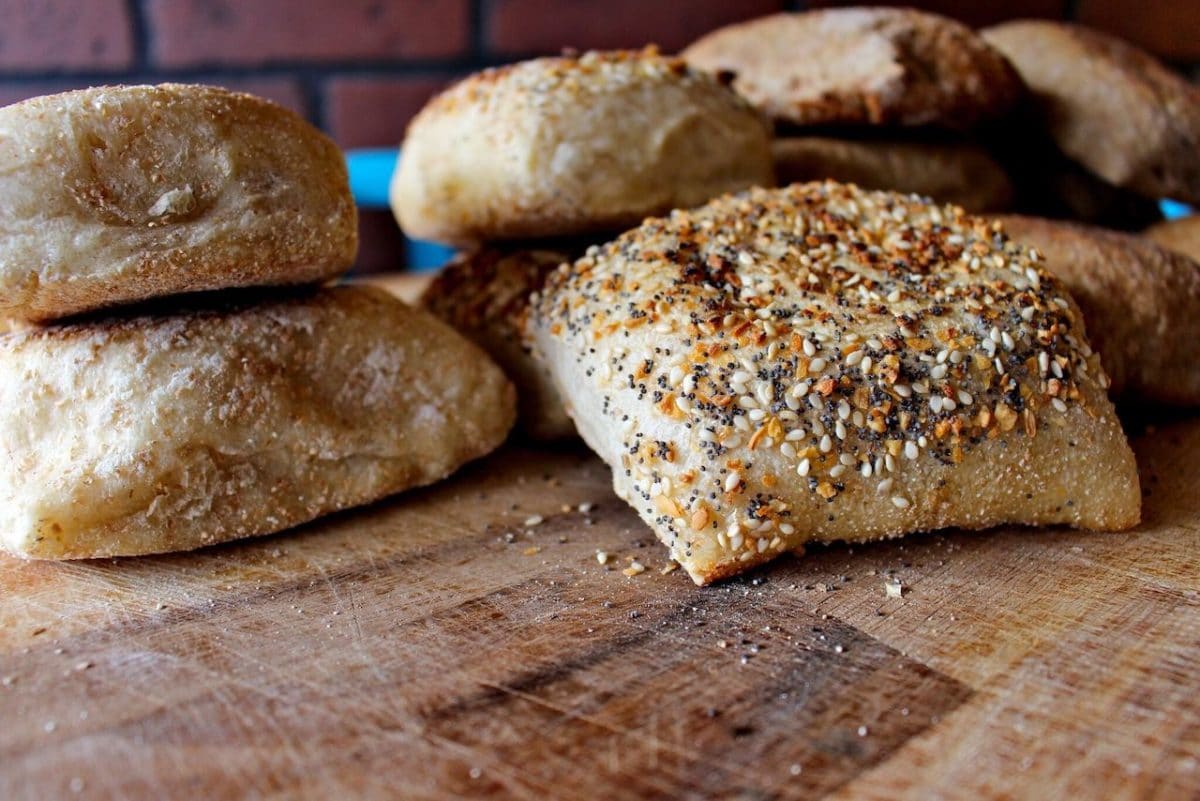 brown table with bread pieces on it
