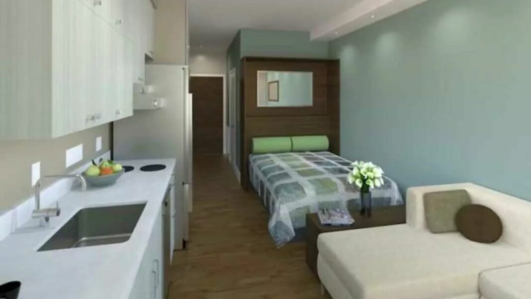 interior of micro unit with bed and couch