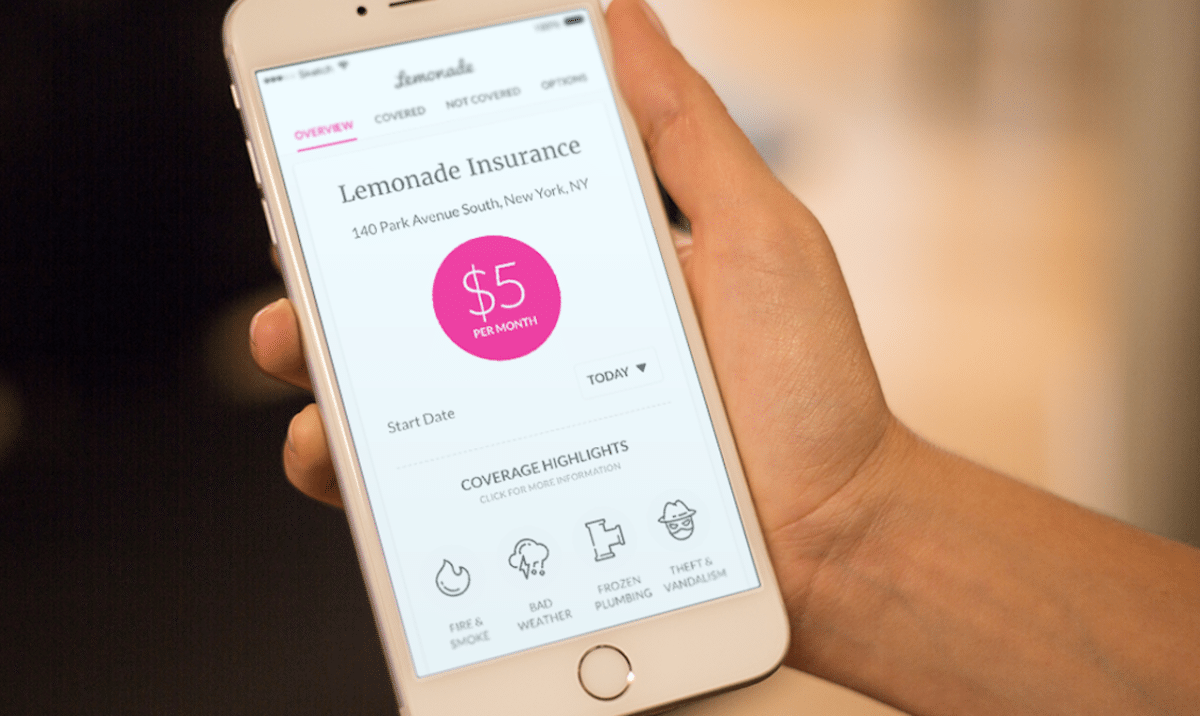 person holding mobile device showing lemonade interface and a $5 insurance policy