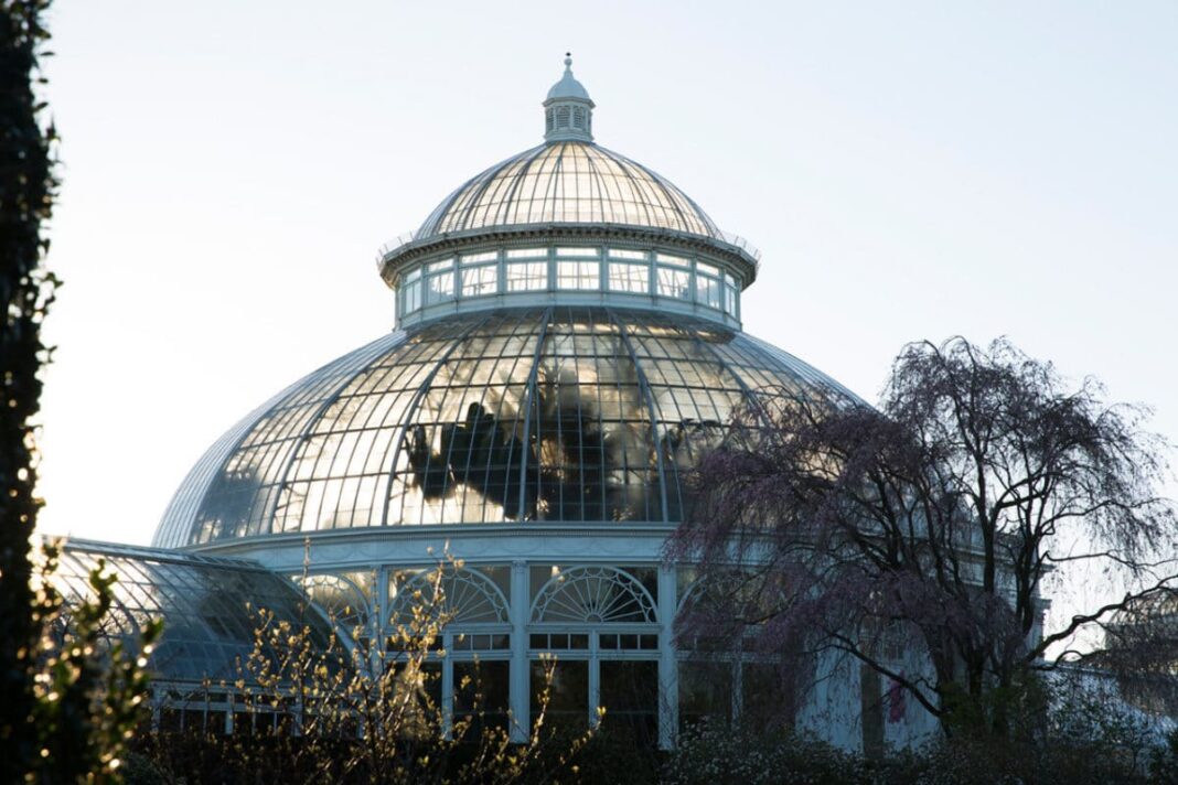 exterior of new york botanical garden at dusk