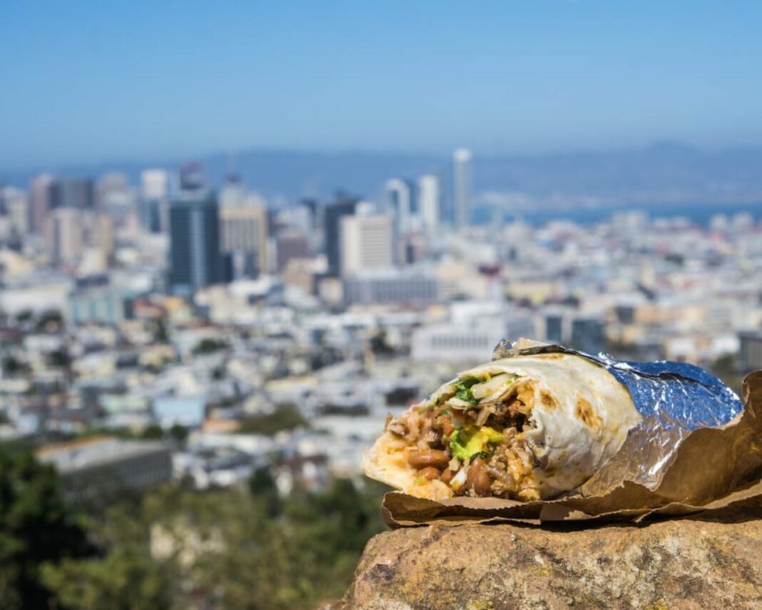burrito sitting on rock with city skyline in the background