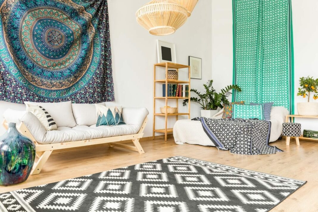 studio interior with rugs separating living room from bedroom