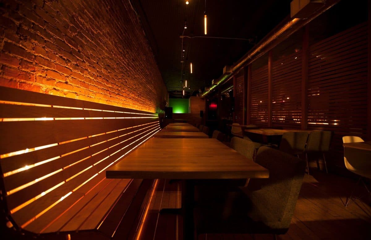 dark bar with brown table and bench