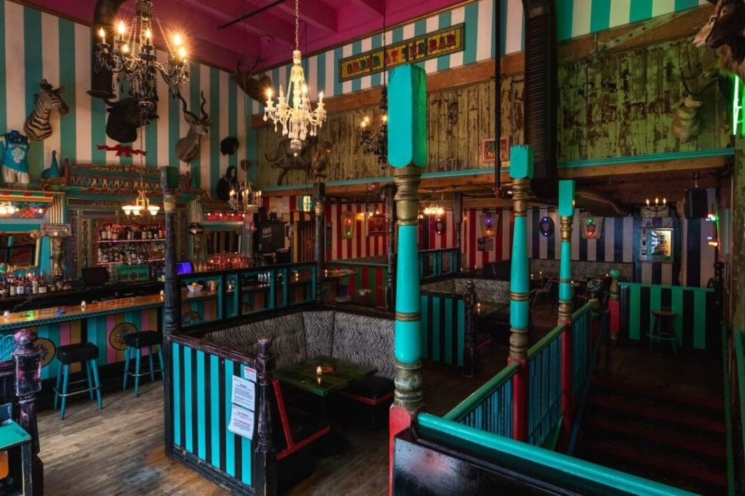 empty interior of bar with colorful walls, animal prints, and green columns