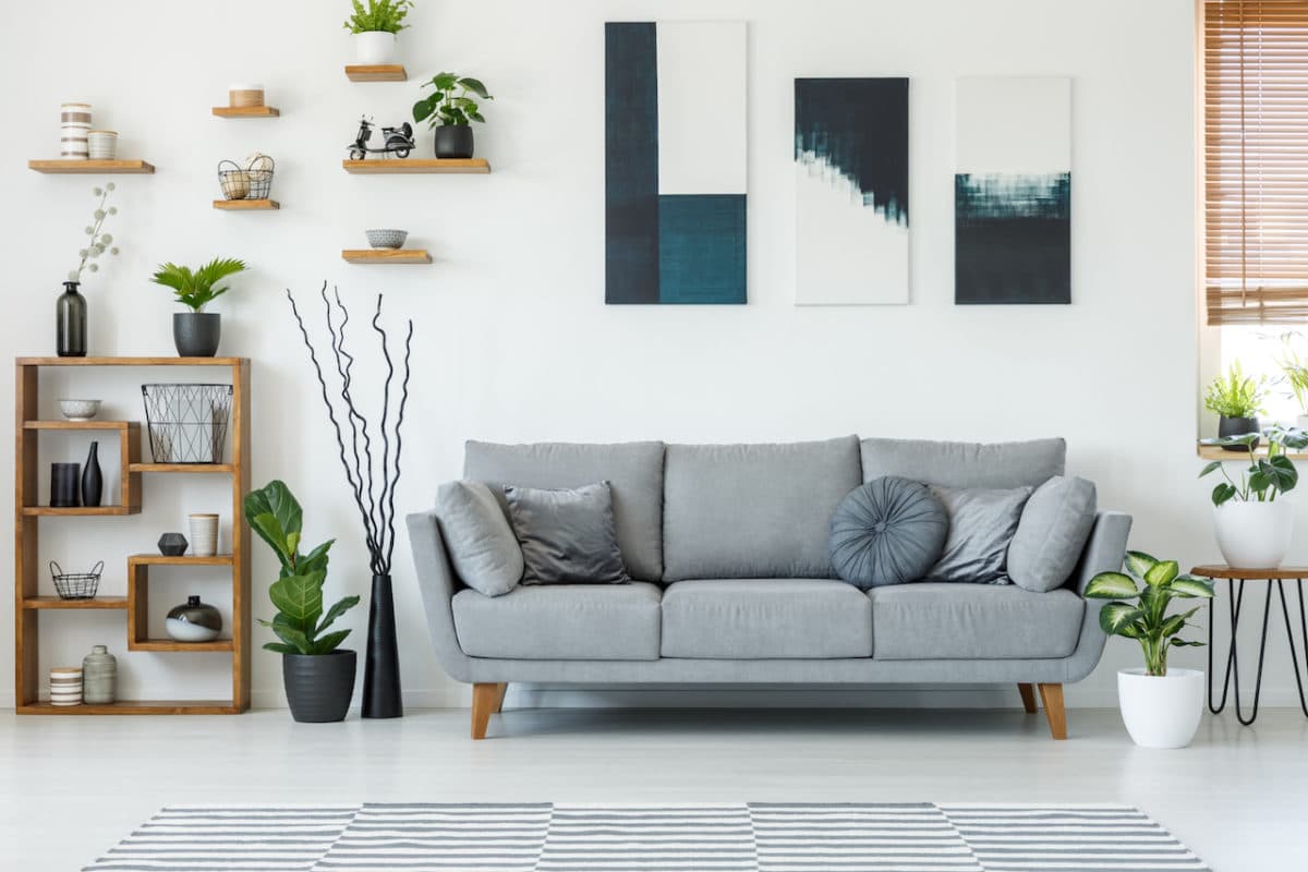living room with wall shelves, pictures on walls, and couch