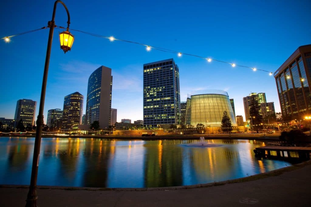 lake merritt at night with lights strung