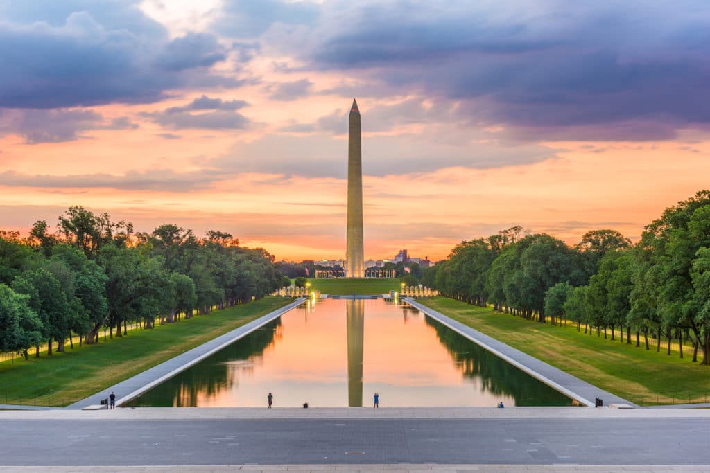 washington monument on the reflecting pool in DC at dawn