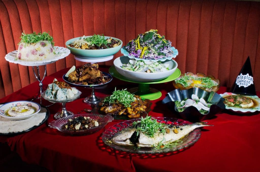 chinese food on red table