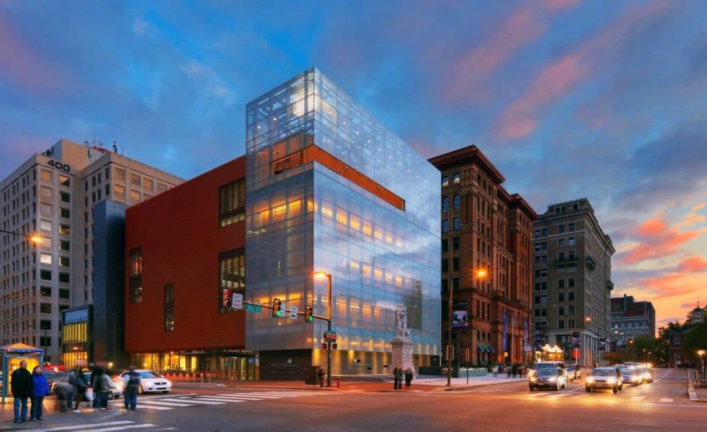 exterior of large museum at dusk