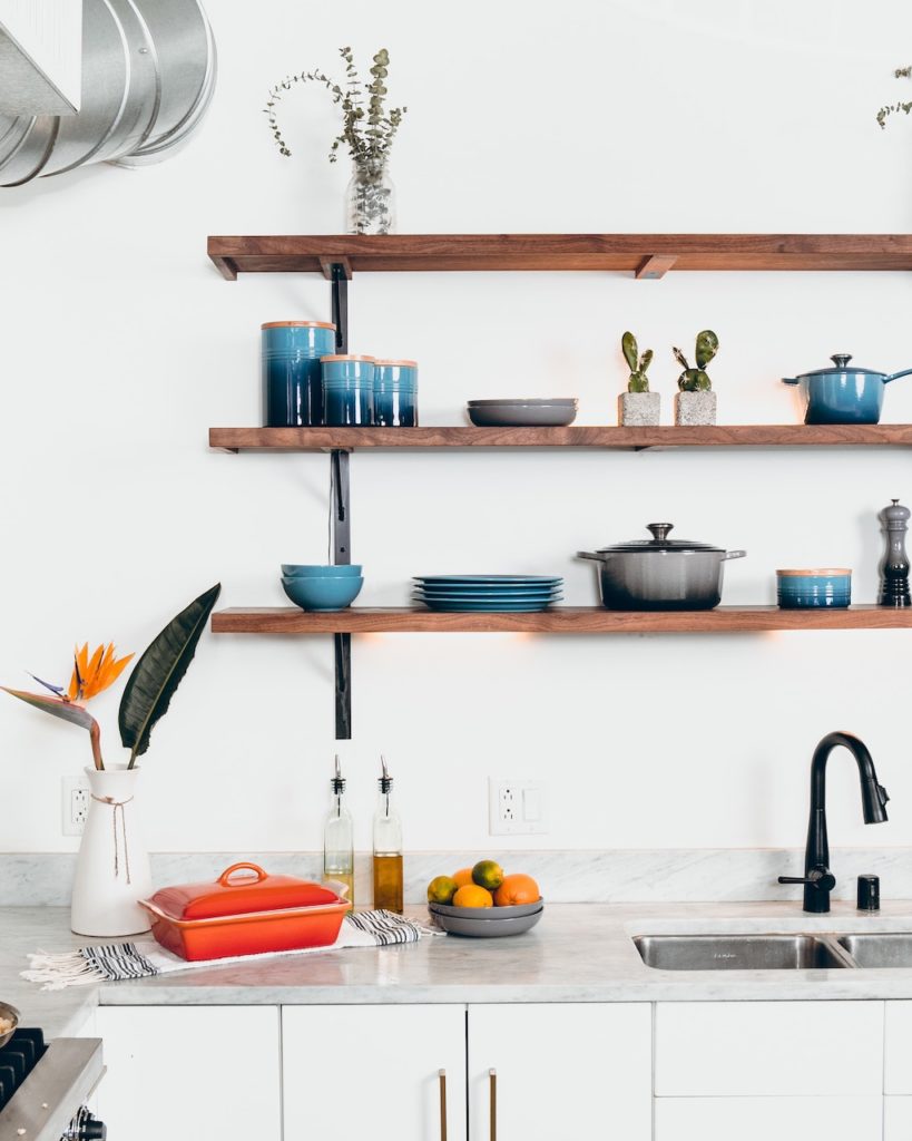 open shelving in kitchen