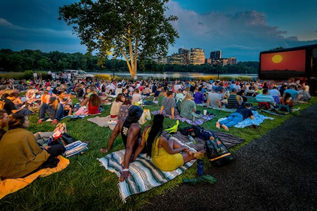 people sitting on grass watching outdoor movie