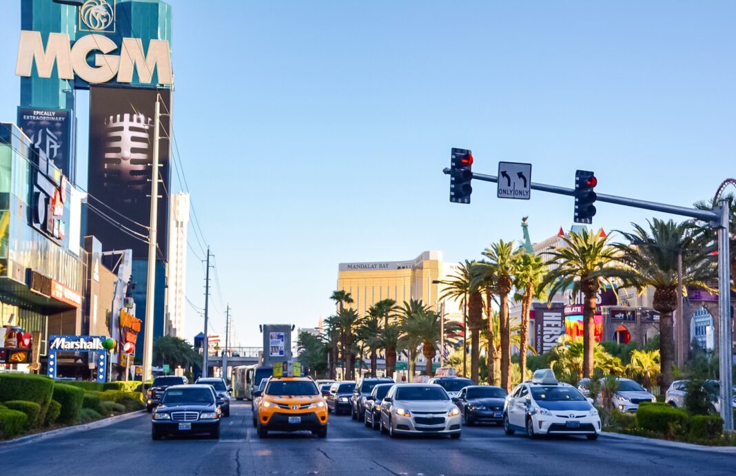 Cars waiting in traffic on the las vegas strip