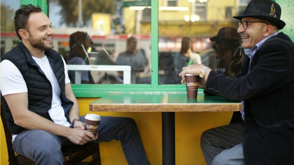 Friends enjoy coffee at Philz in San Francisco.