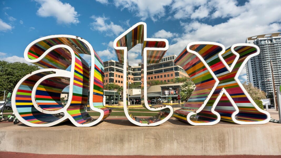 Colorful three dimensional Austin Texas USA street sign art sculpture
