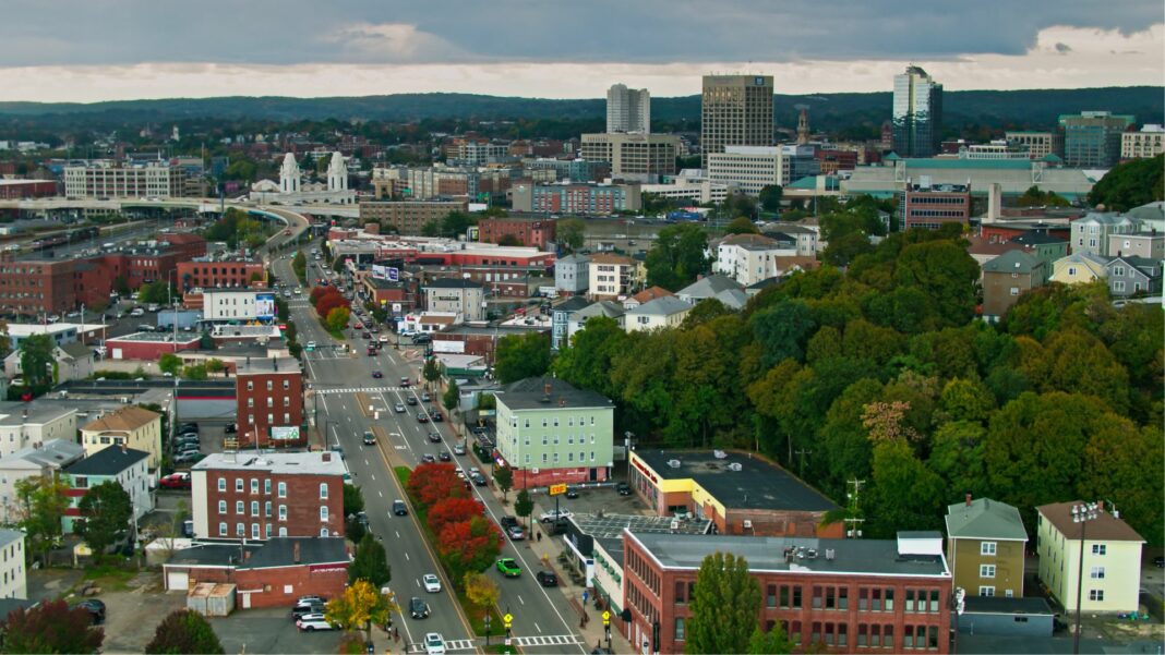 Aerial view from over Shrewsbury St. looking towards Union Station in downtown Worcester, Massachusetts.