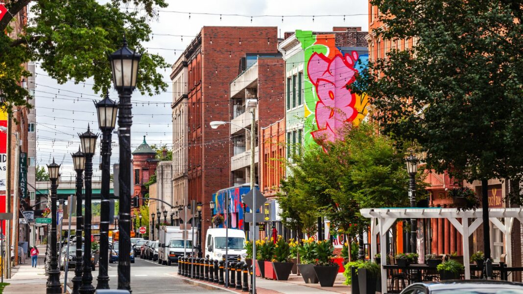 Downtown main street of Springfield, Massachusetts, USA