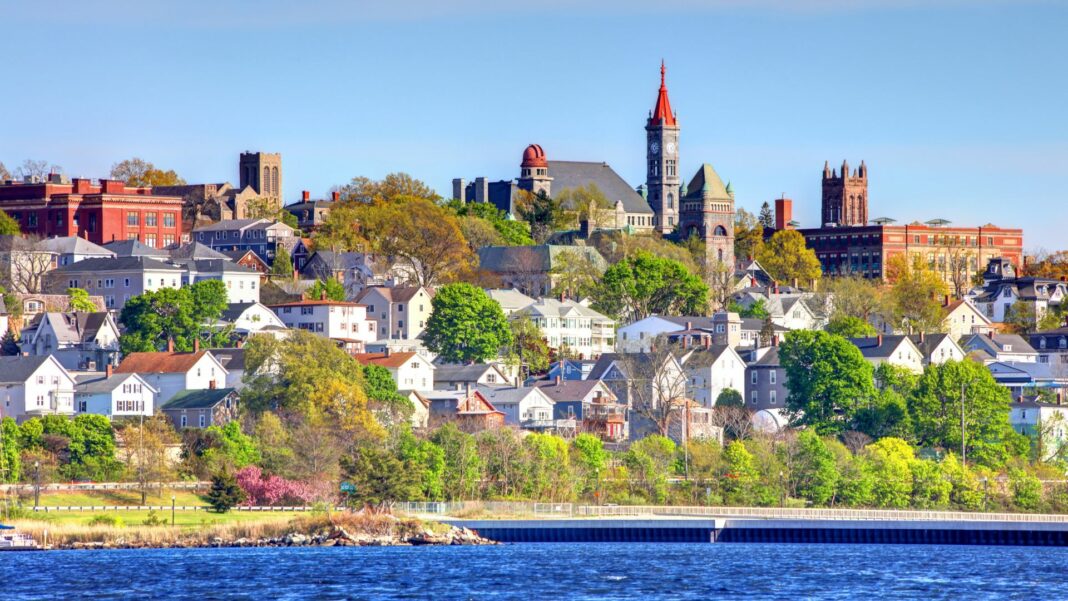 View of Fall River homes from the water