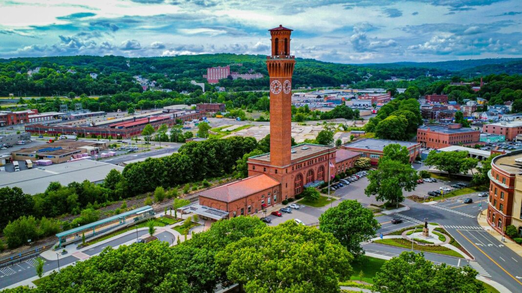 Republican American clock tower in Waterbury, CT.