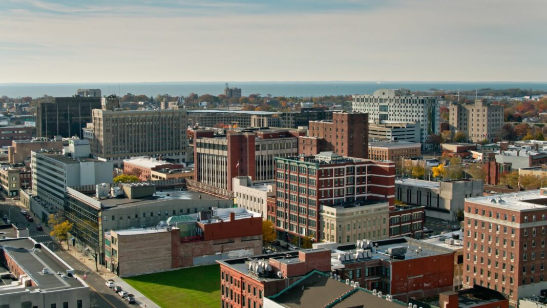 Aerial view of Bridgeport, Connecticut on a clear sunny day Authorization was obtained from the FAA for this operation in restricted airspace.