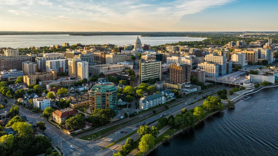Aerial view of Madison city downtown at sunset, Wisconsin