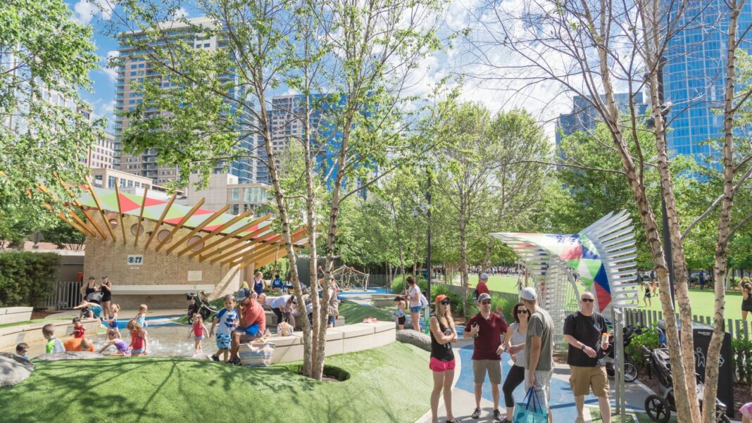 Water fountain, splash pad at children area in Klyde Warren Park. 5.2-acre public place in downtown Dallas.