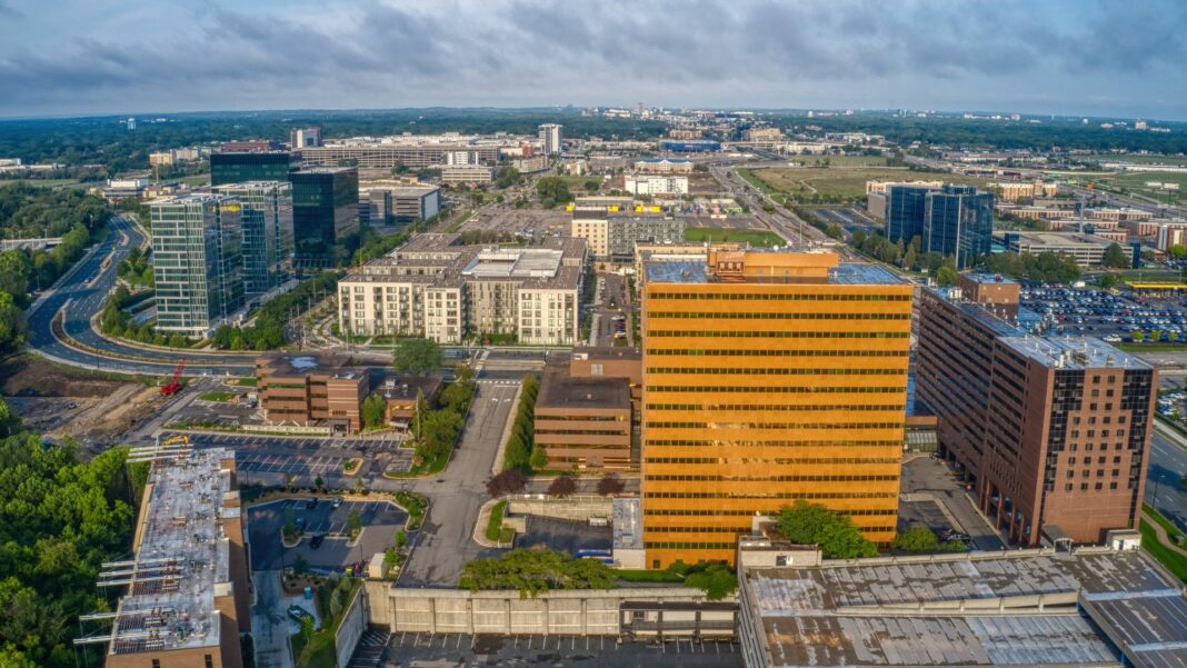 An aerial view of Bloomington with skylines