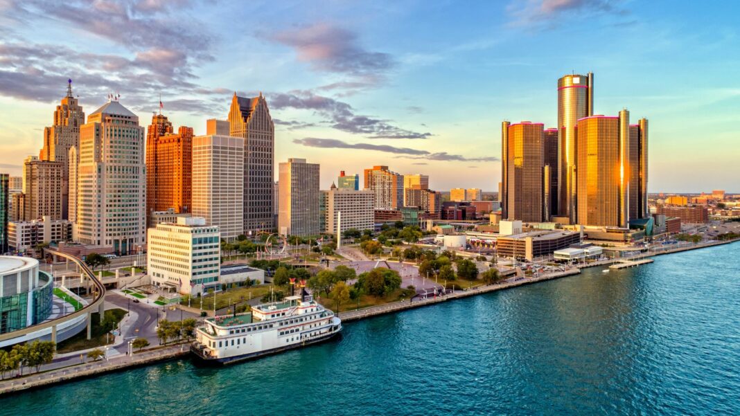 Detroit Aerial Panorama during sunset