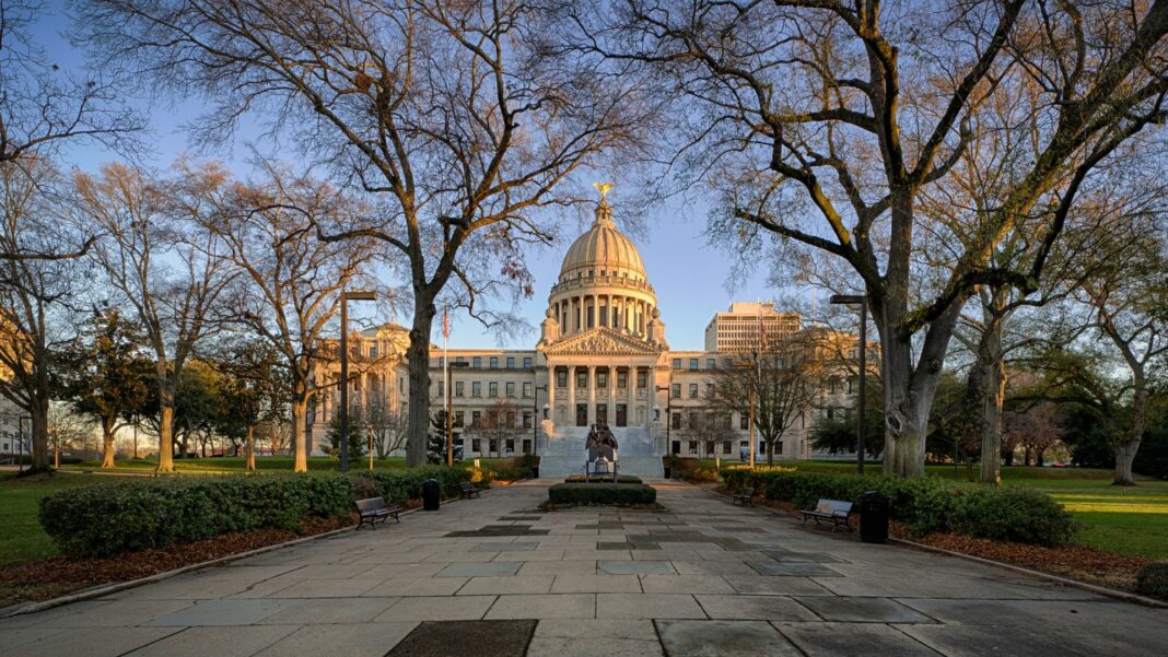 Exterior of the Mississippi State Capitol building at dawn in Jackson, Mississippi