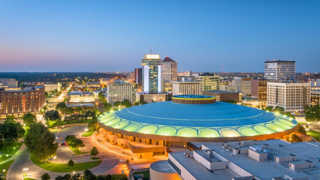 Wichita, Kansas, USA downtown skyline at dusk.
