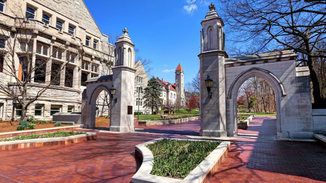 Daytime view of the The Sample Gates, entrance to Indiana University from Kirkwood Ave