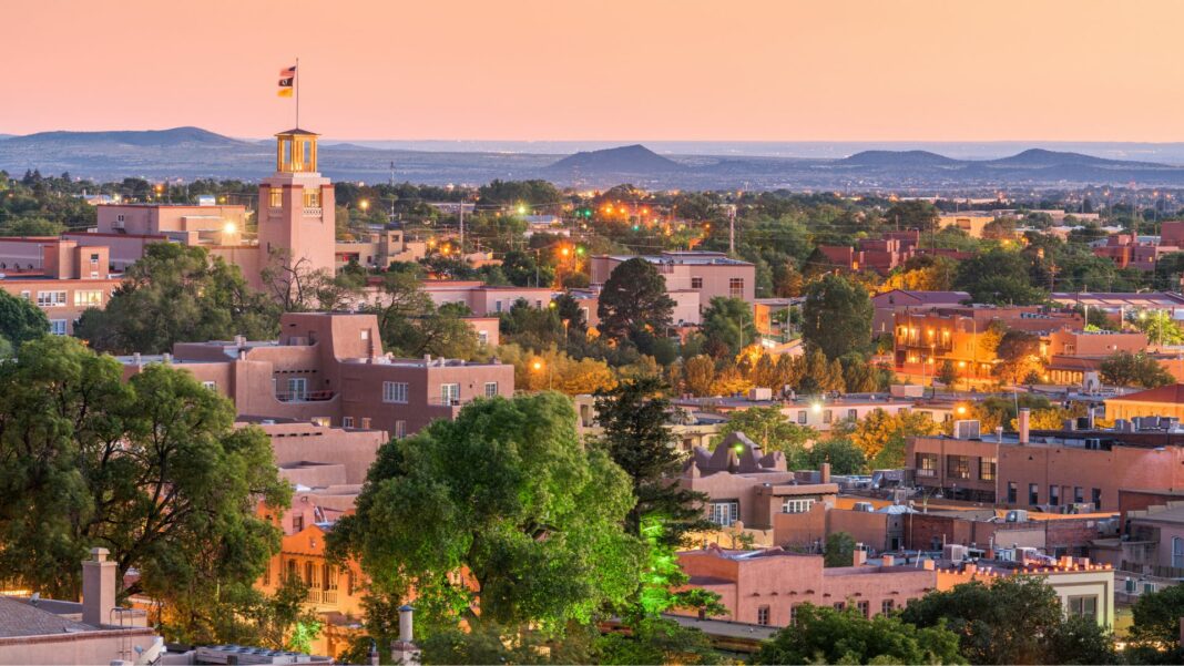 Santa Fe, New Mexico, USA downtown skyline at dusk.