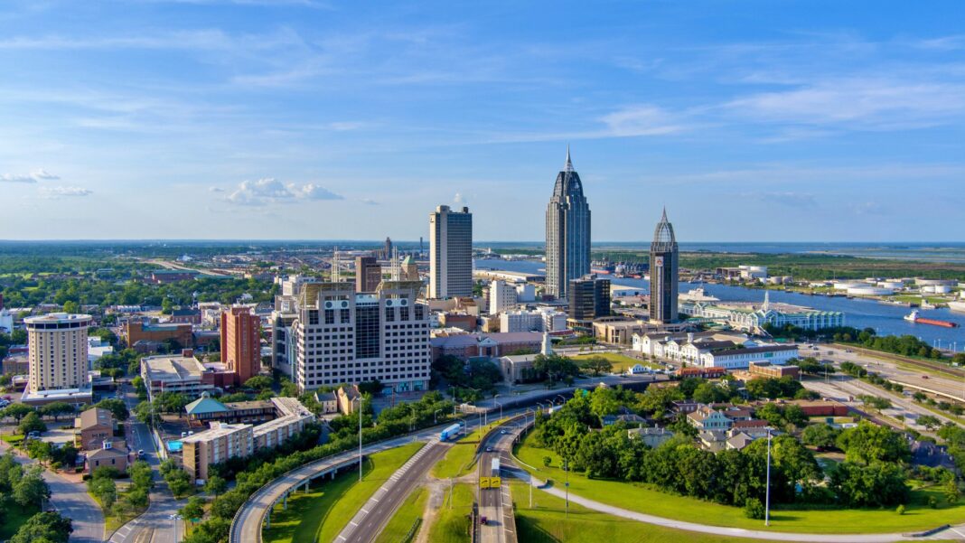 Downtown Mobile, Alabama waterfront skyline in Mobile, Alabama, United States
