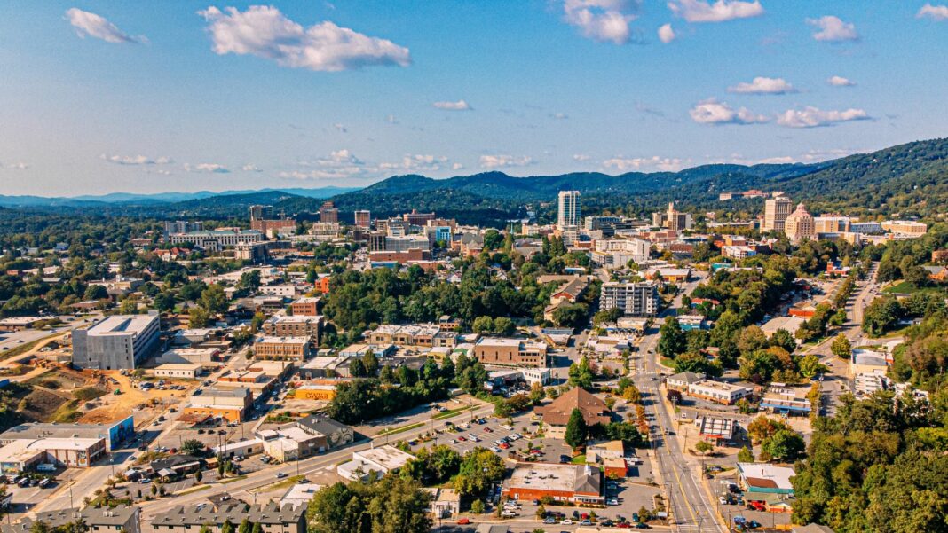 High Angle View of South Downtown Asheville, North Carolina from the South on a Sunny Day.
