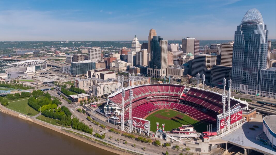 Aerial view of the Great American Ball Park Stadium and Paul Brown Stadium in Cincinnati, Ohio.