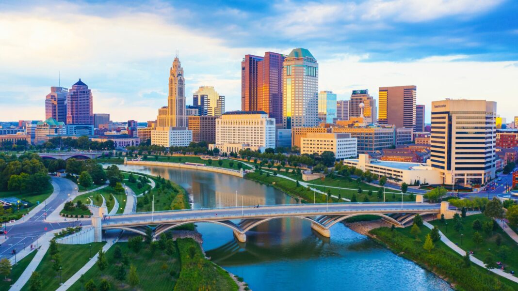 Aerial view of Downtown Columbus Ohio with Scioto river.